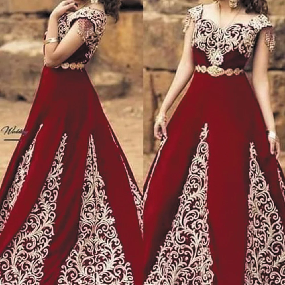 

SuperKimJo Arabic Traditional Prom Dresses Vestidos Largos De Fiesta Burgundy Lace Applique Muslim Vintage Prom Gowns