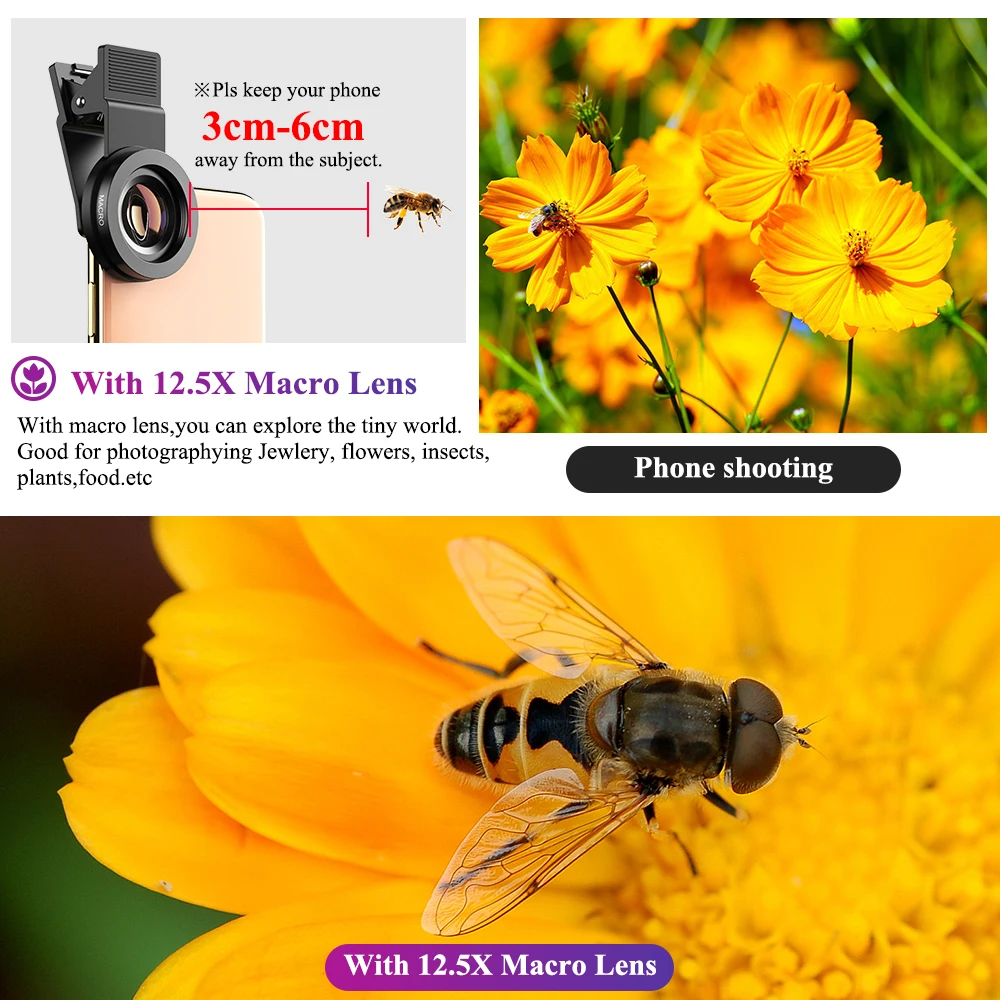 APEXEL 2 in 1 Phone Camera Lens kit 0.45x  Wide Angle & 12.5x  Macro Lens HD Camera Lentes for iphone ios android smartphones