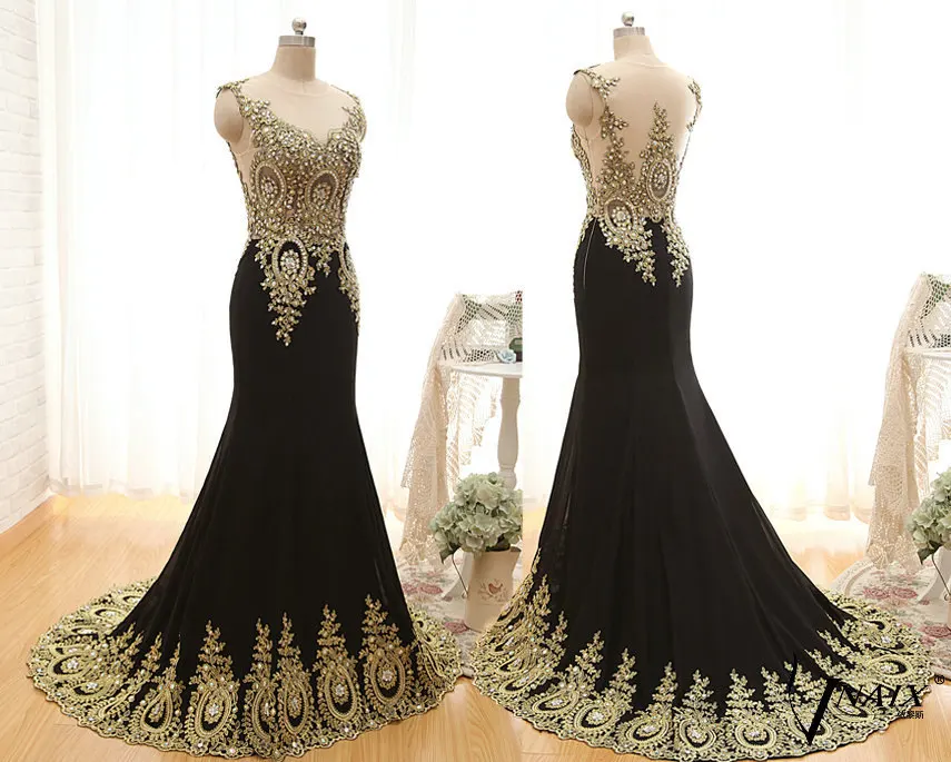 Robe de Soiree Longue Gold Lace Appliques Mermaid Evening Dress Dubai Arabic Evening Gowns Formal Evening Party Dress