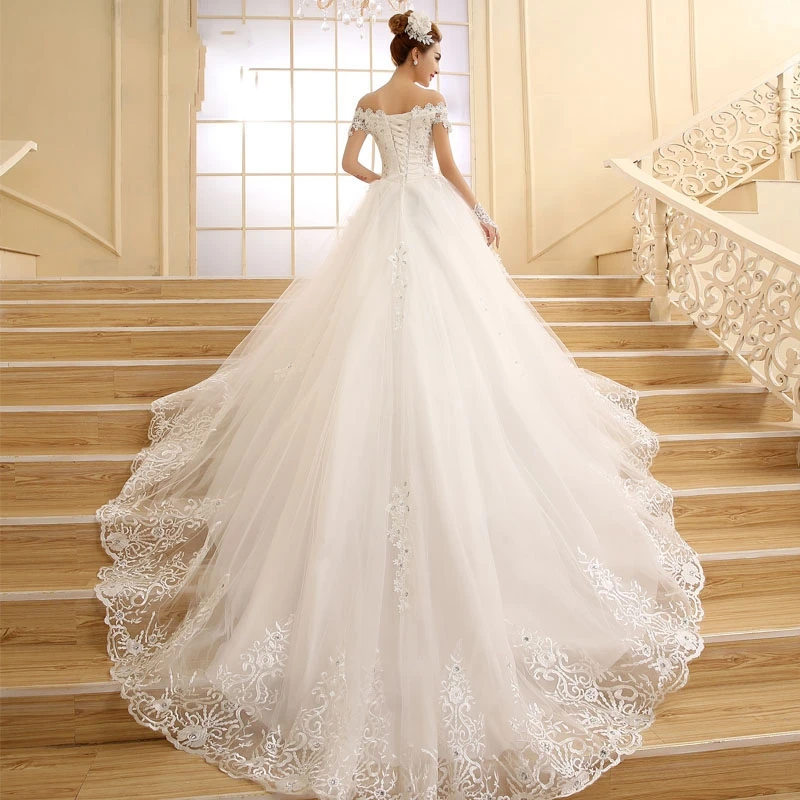 Robe de mariée De luxe en dentelle, épaules dénudées, manches courtes, Appliques, 2020