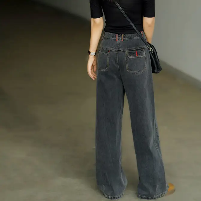 Black Straight Vintage Jeans Women\'s 2021 y2k Streetwear Denim Trousers Female Office High Waist Mom Drape Wide-leg Pants