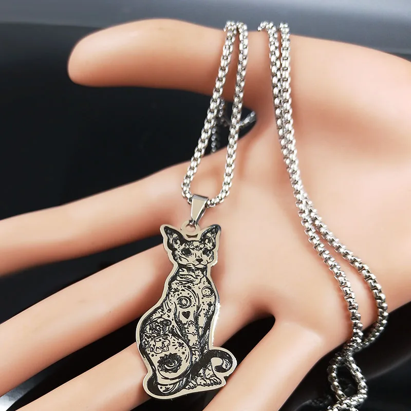 Fashion Canadian Hairless Sphynx Cat Stainless Steel Necklace Pendant Jewelry For Women Girls Bijoux Pet Gift N7549S03