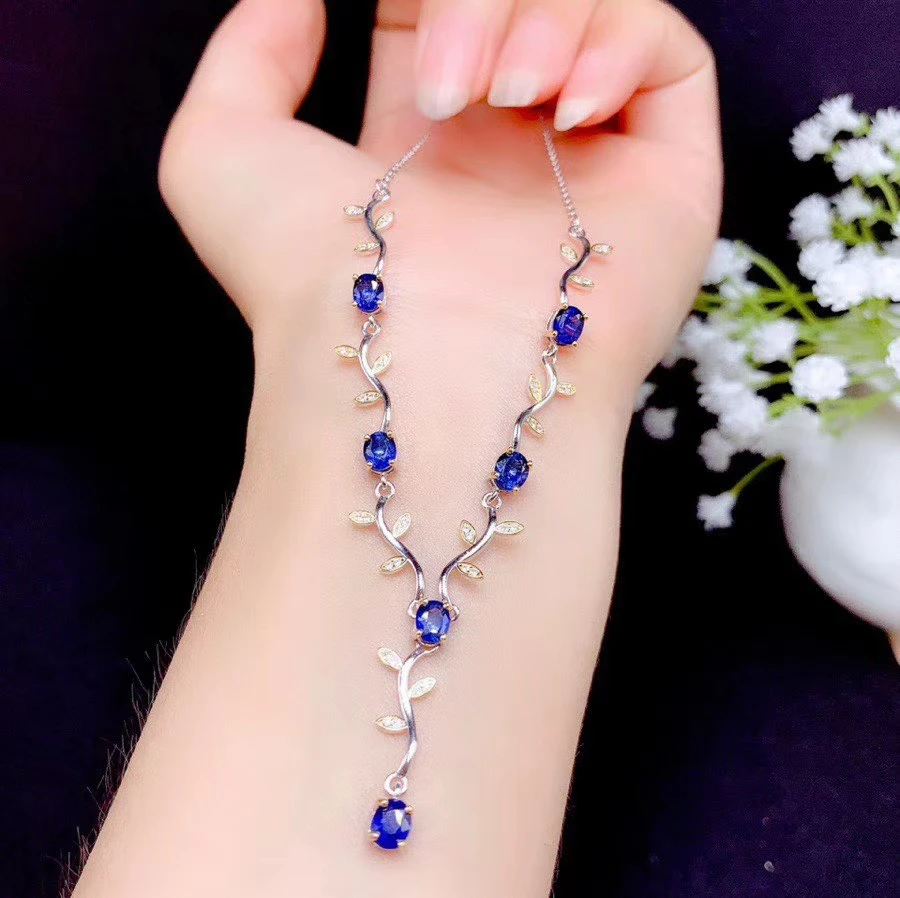 KJJEAXCMY fine jewelry 925 Silver inlaid Natural sapphire Gemstone vintage necklace noble ladies pendant support check