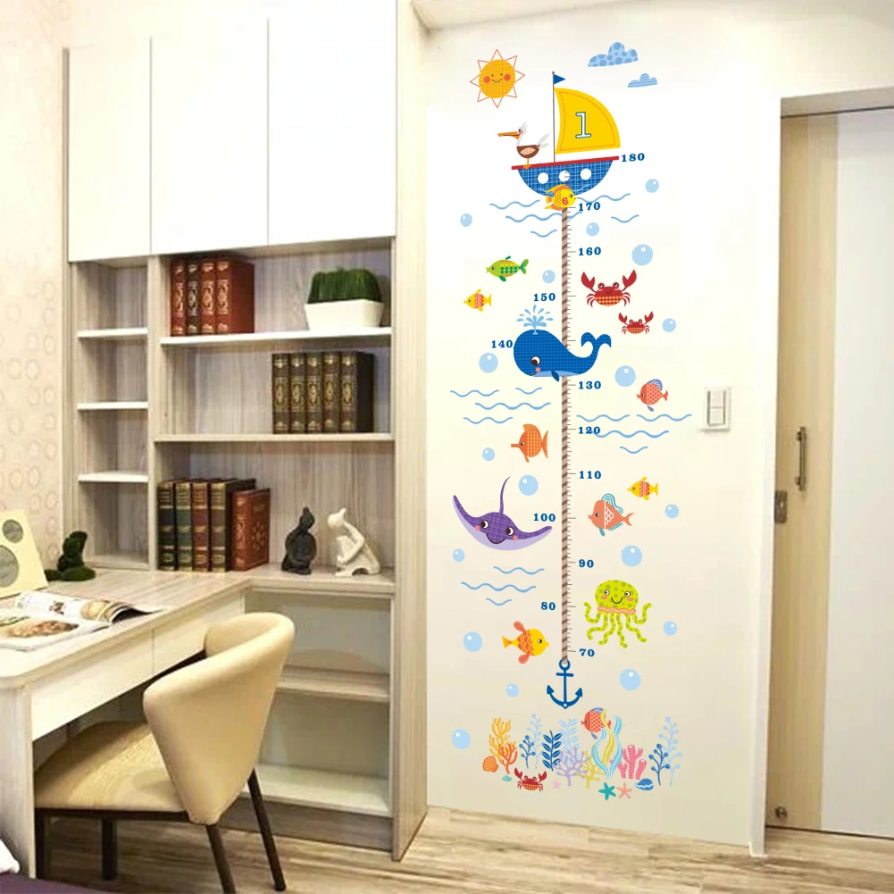 Creative Height Growth Chart Wall Sticker Kids Boys Girls Underwater Sea Fish Anchor Finding  Decorative Decal Poster