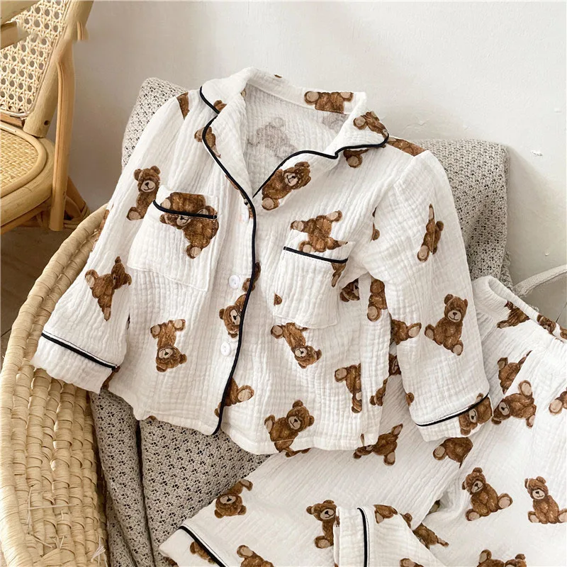 2Pcs Cotton Yarn Kids Full Bear Pajamas Set 2-6Y Soft Beathable Cardigan And Pants Home Sleepwear Outfit