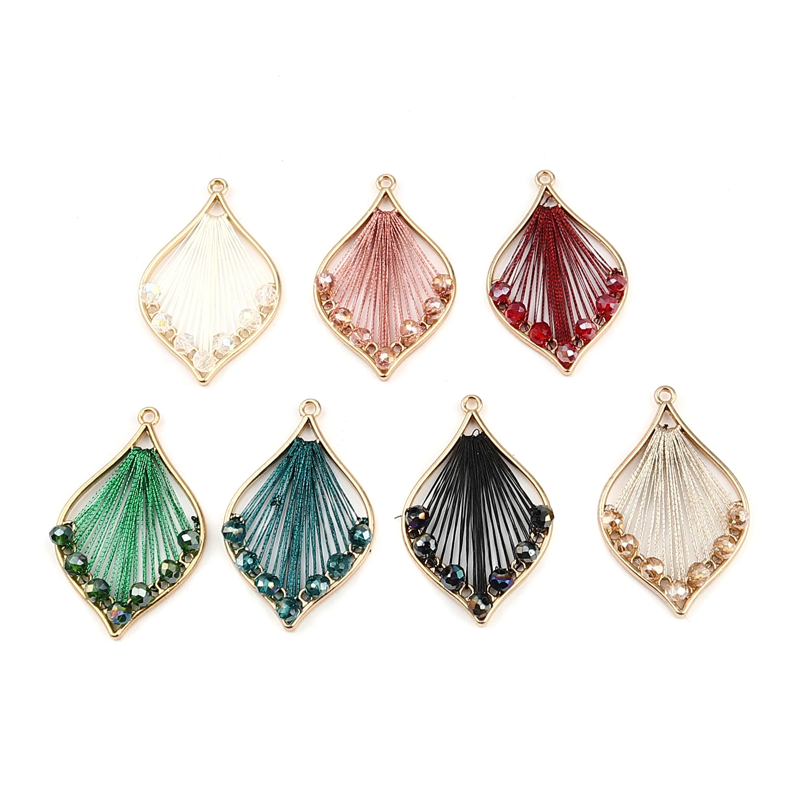 3 PCs Iron Based Alloy & Glass Hollow Leaf Thread Wrapped Pendants Leaf Charms Gold Color Champagne 42mm x 26mm For DIY Finding