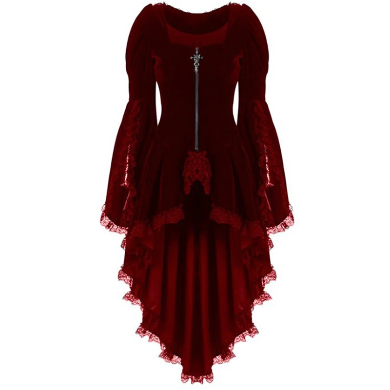 Asymmetrical Winter Women Gothic Dress Solid Short Front Long Back Sundress Red Green Black Vintage Lace High Low Women Dresses