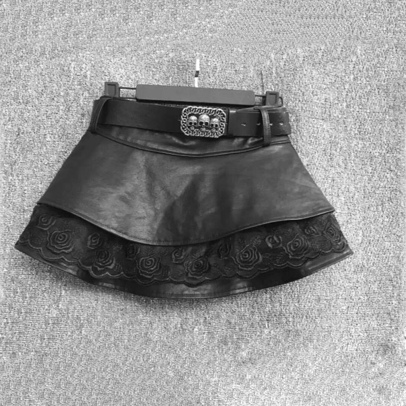 PU Leather Skirt Organza Patchwork Black Vintage Mini Low Waist Sexy Skirts Women Punk Skull Belt Skirt Y2K Streetwear Bottoms