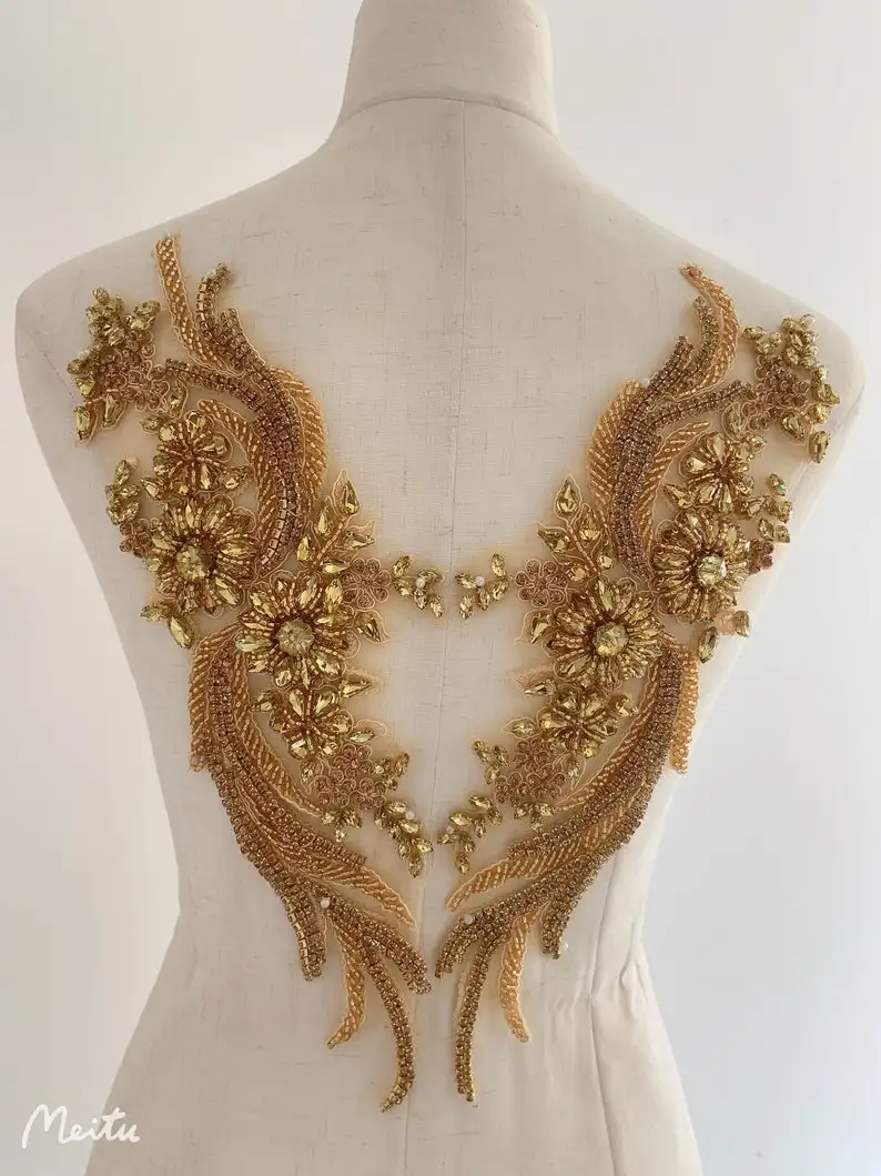 Gold French Bead Applique Crystal Bodice Patch Rhinestone Flowers Applique For Haute Couture Bridal Dress Dance Costume