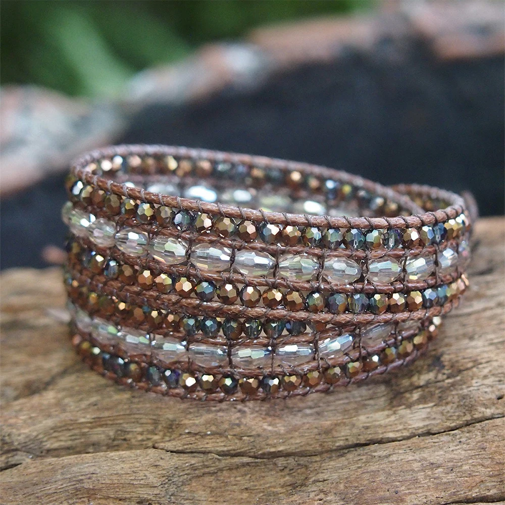 Retro Sparkling Crystal Wrap Bracelet for Women Boho Geometric 3Rows 2Layers Beaded Bracelets Ethnic Bohemian Jewelry Gifts