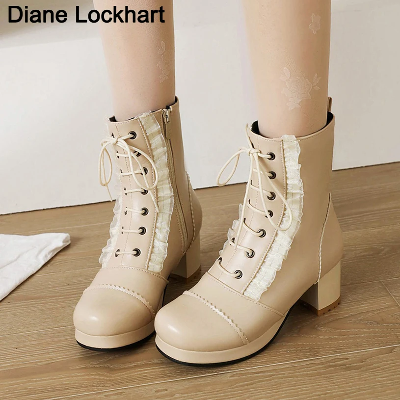 

Лолита, милые кружевные ботильоны, женская обувь, ботинки на высоком каблуке с круглым носком и молнией для девочек, модные бежевые, розовые ботильоны на платформе с квадратным каблуком 32