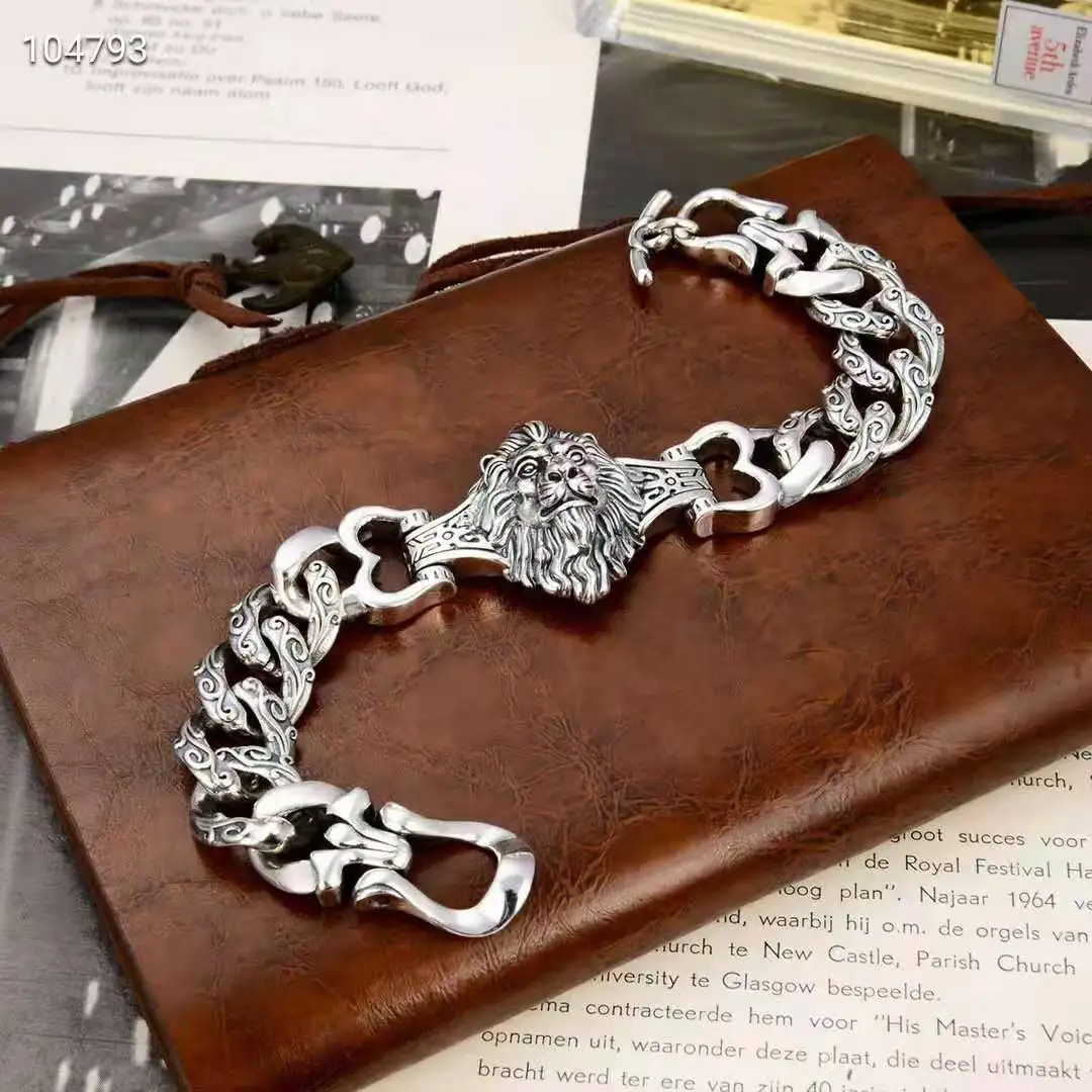 100% S925 925 Sterling Silver Bracelet Tiger Head Domineering Thai Silver Vintage Vine Totem Handmade Chain Sterling Silver Men’