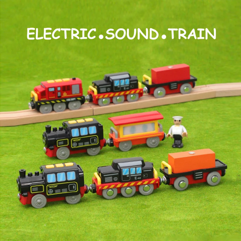 Ensemble de train électrique rétro pour enfants, son et lumière, rail de voiture, adapté à la plupart des marques de rail en bois