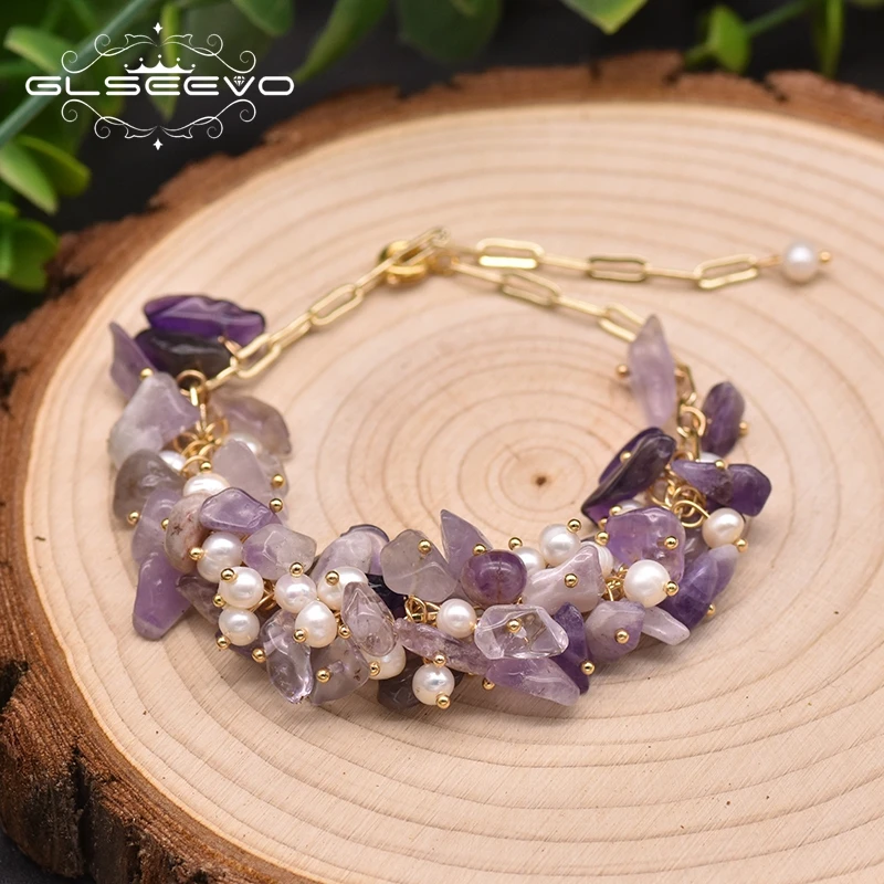 GLSEEVO Natural Amethyst Adjustable Fashion Bracelet For Women Engagement Statement Bangle  Handmade Luxury Fine Jewelry GB0943