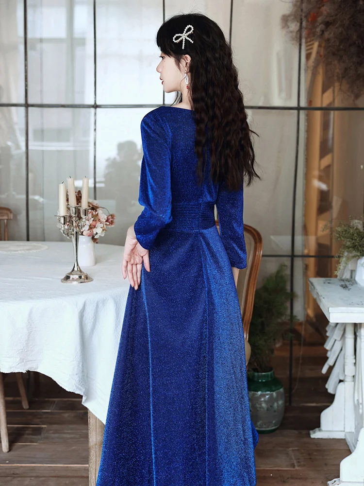 Long Sleeve Cocktail Party Dresses 2021 Elegant V-Neck A-Line Tea-Length Royal Blue Prom Dresses For Graduation