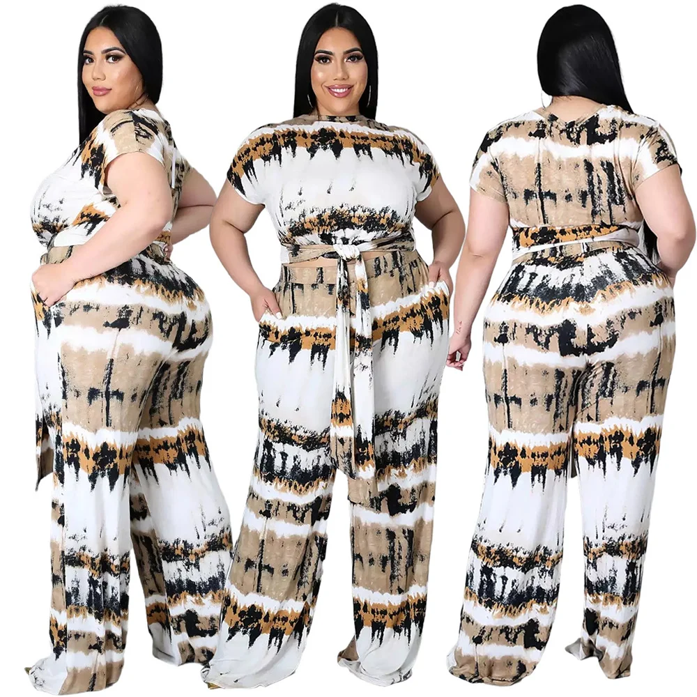 Groothandel Dropshipping Plus Size Sexy Outfits 4xl 5xl Comfortabele Wijde Pijpen Broek Met Gedrukt Lace Up Zakken Tweedelige Sets