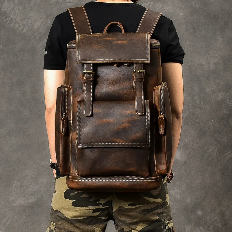 Retro Cowhide Genuine Leather Men\'s Backpack Large Hiking Bagpack Bag Mountain Rucksack male mochila School Backpack 15.6\