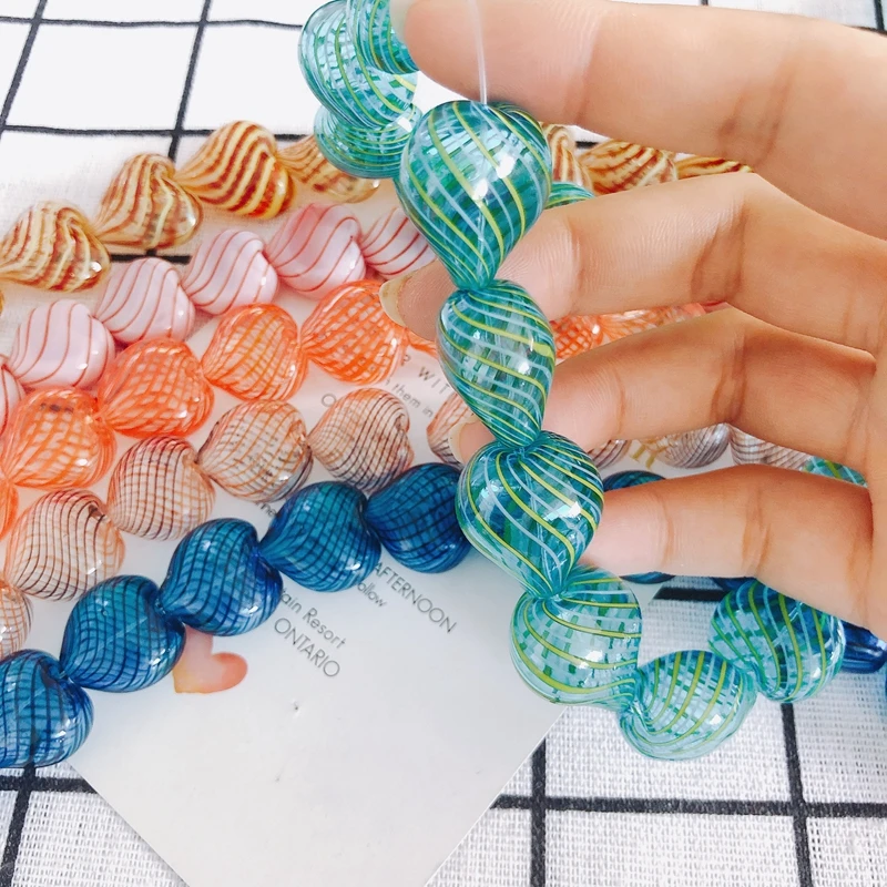 Sweet Peach Heart Shaped Glass Beads Translucent Handmade DIY Striped Hollow Colorful Beaded Pendant
