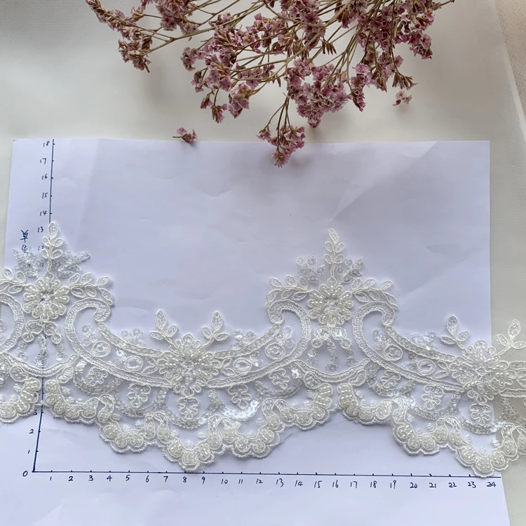 Embroidered Lace  Beaded Trimming  With Cord Boarder Wedding  Dress DIY Veil Lace Trim 10 Yards