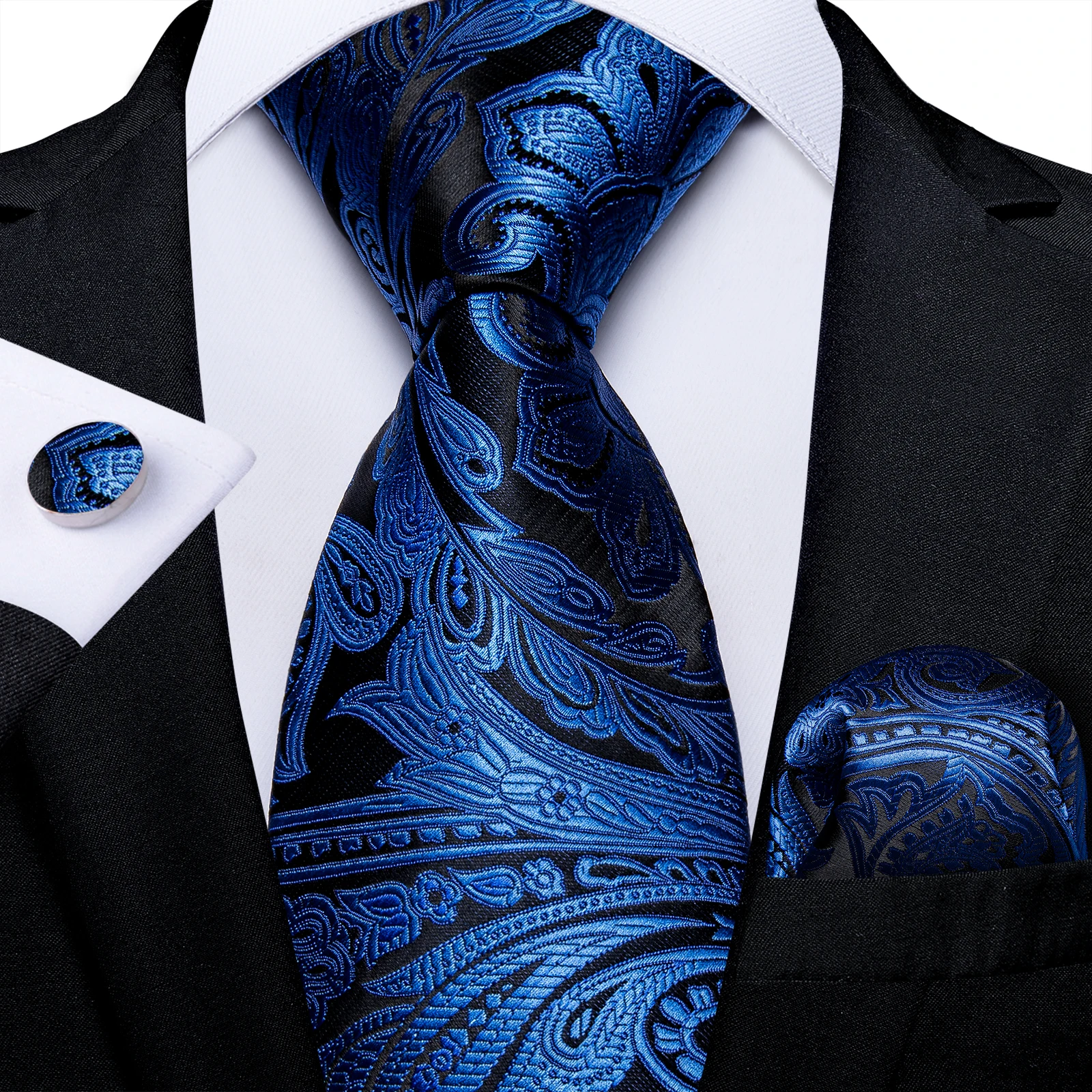 Blaue silberne Paisley-Krawatten für Herren, luxuriöses 8 cm breites Set mit Krawatte, Einstecktuch, Manschettenknöpfen, Brosche, Weihnachtsgeschenke für Männer – Detail 5