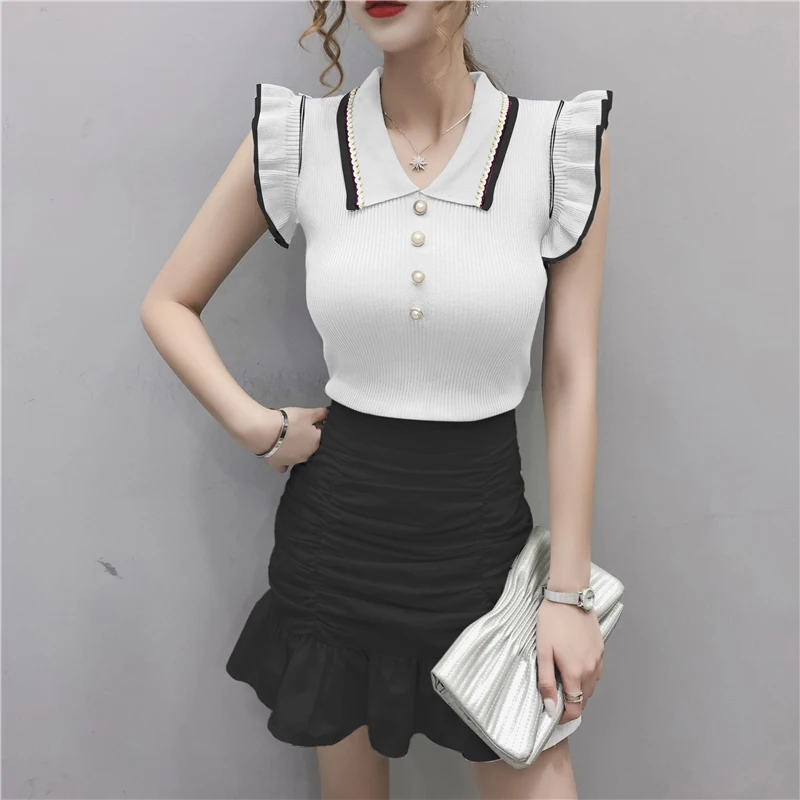 Summer Fashion Korean Slim Crop Tops Women Turn-down Collar Knitted T-shirts Sleeveless Ruffles T Shirt Female Tee Shirt Femme