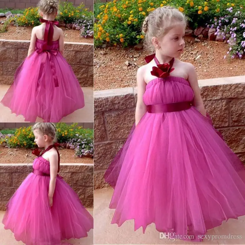 Vestidos sencillos de flores para niña, vestidos largos de tul Fushia con banda de cinta, vestido de fiesta de boda para bebé, Forma barata para niños