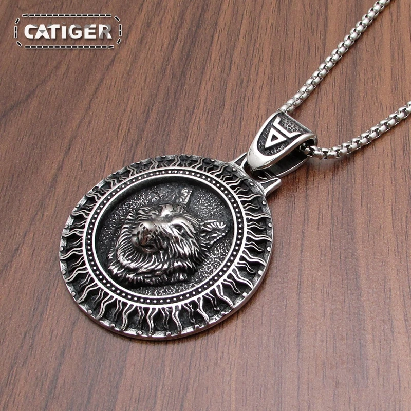 316L Stainless Steel Nordic  Sun Veles Wolf Head Pendant Viking Rune Talisman Slavic Scandinavian Amulet Jewelry