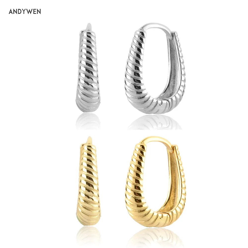 ANDYWEN New 925 Sterling Silver Gold Screw ANTIQUE HOOPS SMALL Huggies Loops Ovals Plain Party Rock Punk 2021 Biżuteria damska Prezent