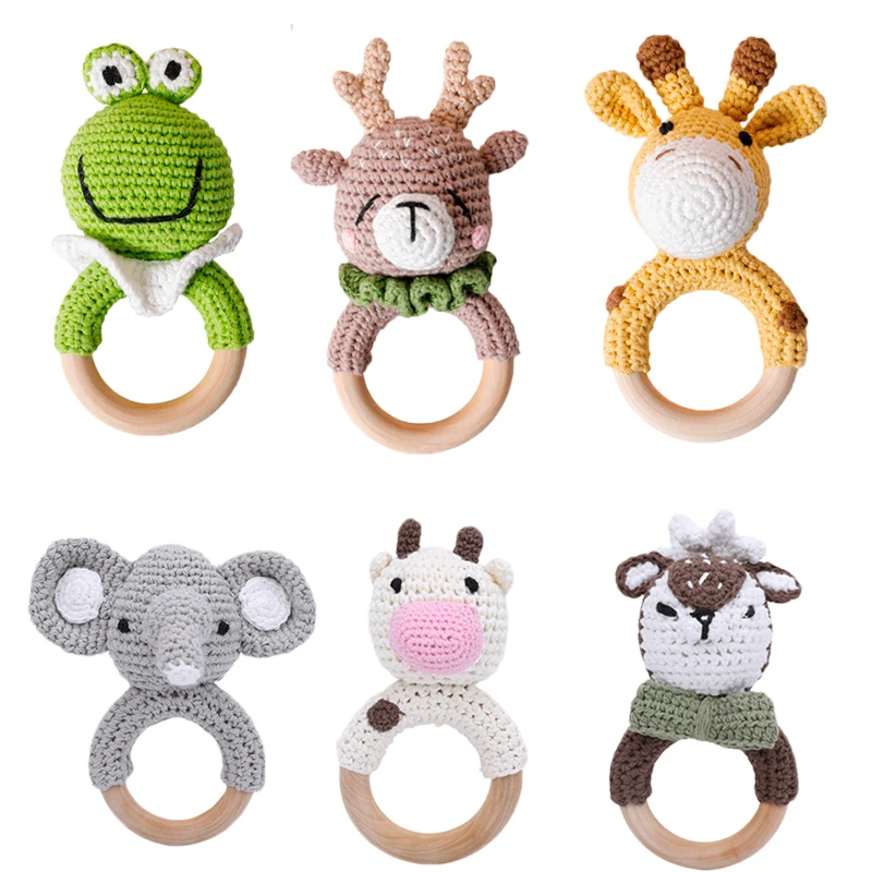 1PC Baby Rattle Toys Cartton Animal Crochet Wooden Rings Rattle DIY Crafts Teething Rattle Amigurumi For Baby Cot Hanging Toy