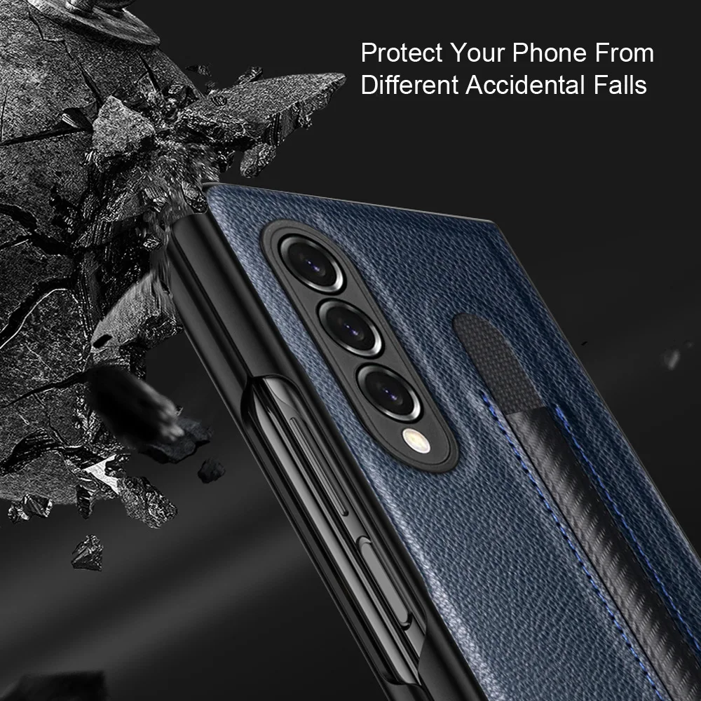 Fashion Lychee Pen Slot Case For Samsung Galaxy Z Fold 5 4 3 PU+PC Leather Pattern Cover Anti-knock luxury Cases for Fold5 F9260