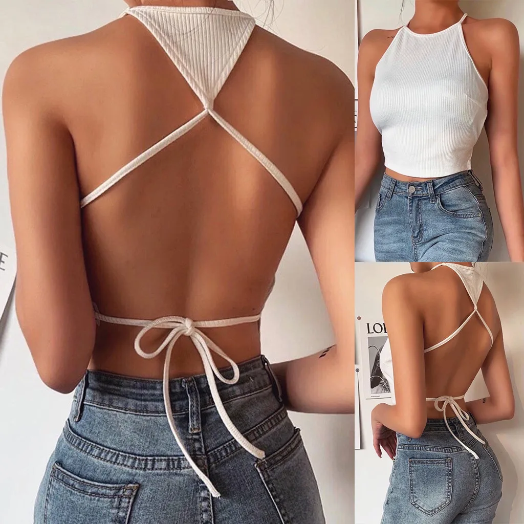 Sexy Tank Tops Womens Summer Backless Camis Tops Fashion Sexy Halter Solid Slim Bandage Sleeveless Tops Blouse Vest топ