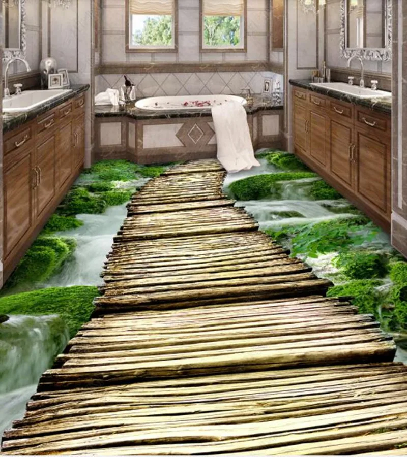 PVC Flowing Water Wooden Bridge natural landscape non-slip waterproof self-adhesive 3D floor sticker tiles bathroom 3D wallpaper