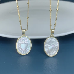 Religious Oval Sacred Heart Necklace For Women Plated Gold Choker Natural Mother of Pearl Shell Pendant Charms Neck Jewelry