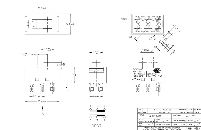 2Pcs DSE-2210 2216 Hong Kong toggle switch 2 gears 6 feet double row 16A sliding power switch two gears