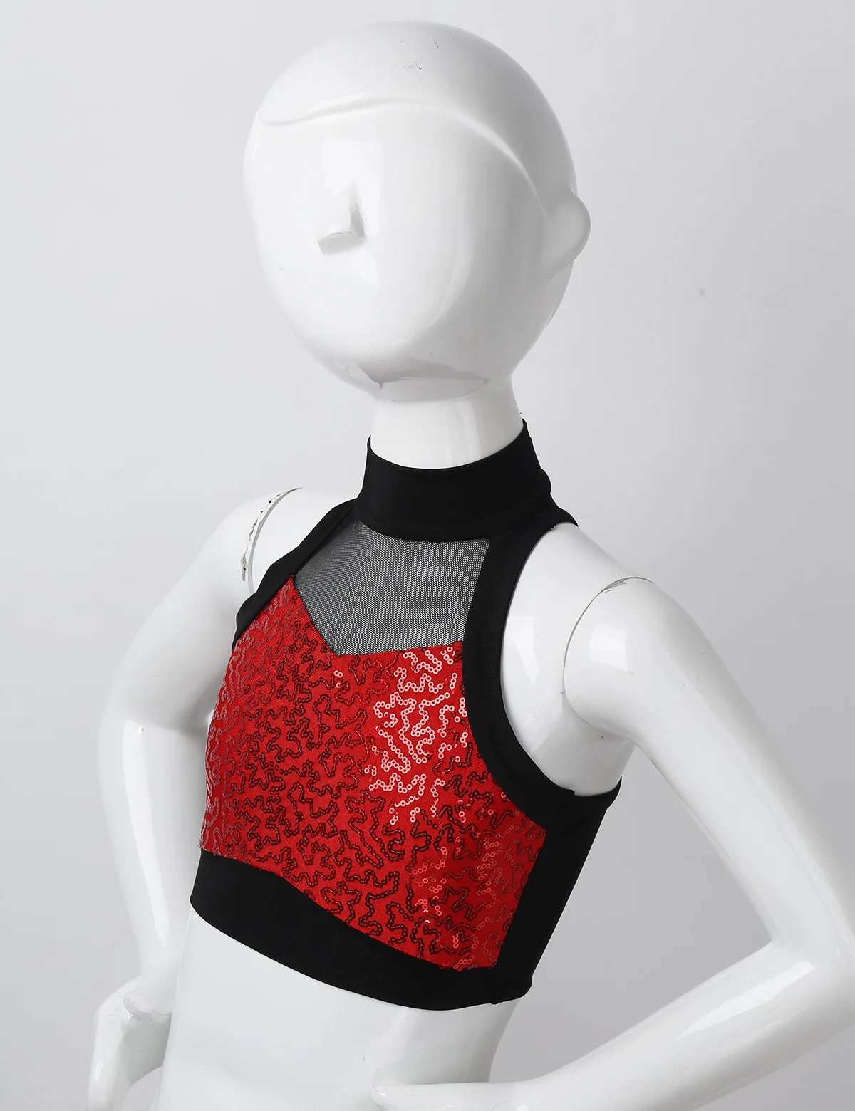 Kids Girls Shiny Sequins Sleeveless Mesh Splice Back Zipper Tanks Tops Crop Top for Dancing Stage Performance Workout