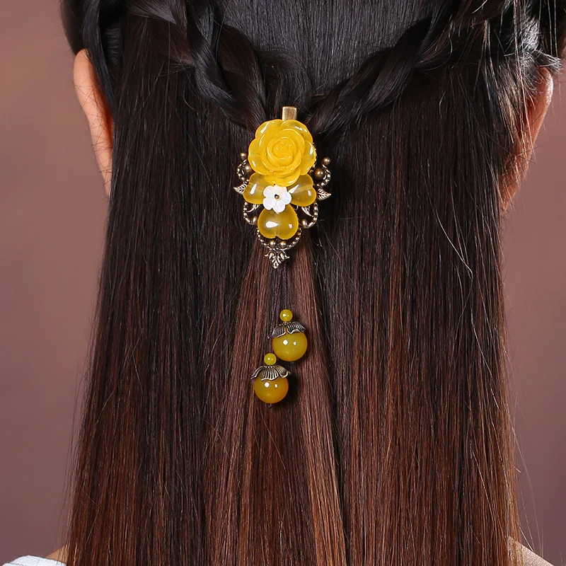 Yellow Beeswax Color jade Hair Clip Tassel Ethnic Barrettes Hair Jewellery Women Vintage Hair pin Chinese style Head Ornaments