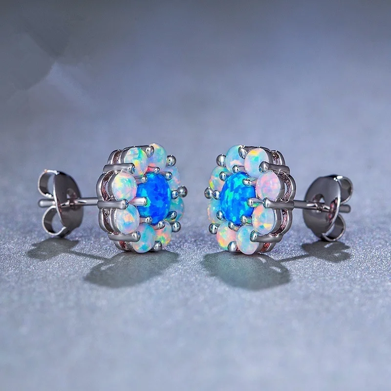 Fashion Women Jewelry Fire Opal Earrings Flowers Crystal Wedding Ear Stud For Women Birthday Gift Accessories