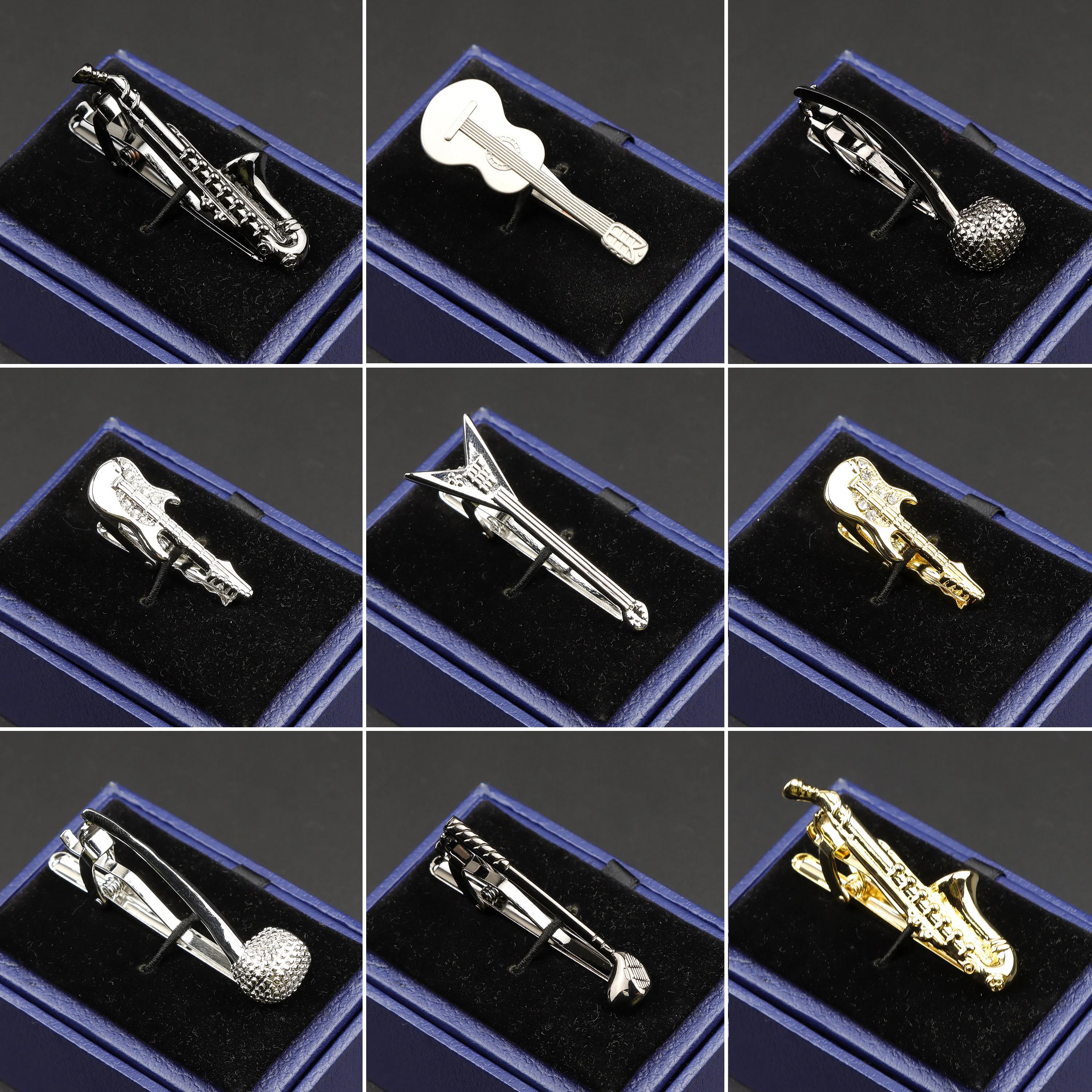 Fashion Metal Men Tie Clip Golden Musical Instrument Guitar Scissors Leaf Glasses Shape Simple Bar Clasp Mens Suit Wedding Gift