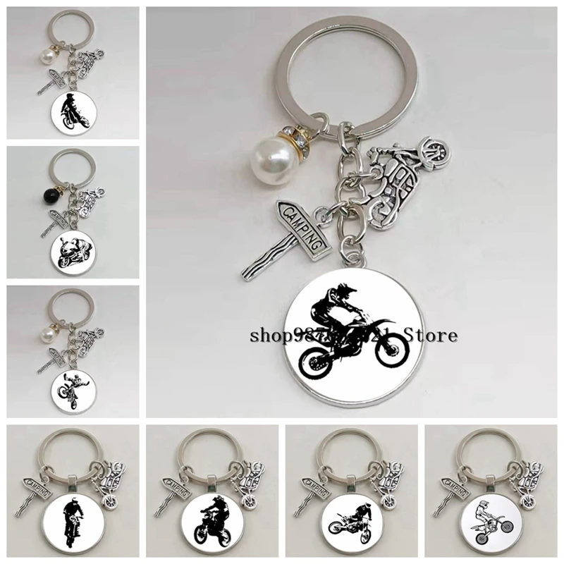 New Motocross Silhouette Keychain Glass Cabochon Keychain Motorcycle Racing Lovers Collection Jewelry