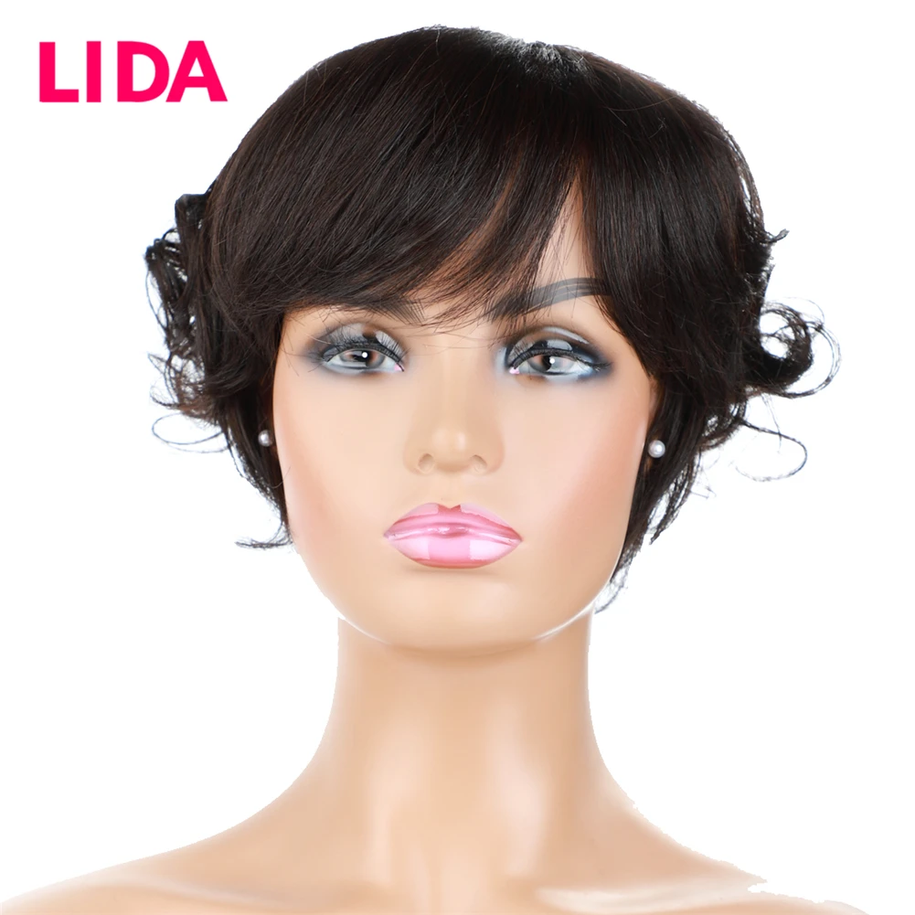 Lida Short Human Hair Wig None-Remy Machine Made Brazilian Hair Women Wigs 150% Density 95g Jerry Curly Style In The Back