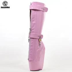 jialuowei Women Sexy Boots 18cm High Wedge Heel Heelless Sole Lockable Zipper padlocks Knee-High Ballet Boots Unisex Shoes