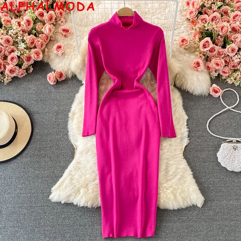 

ALPHALMODA 2021 Autumn Winter Chic Fashion High Collar Slim Knit Dress Solid Color Women Stretchy Trendy Bottom Dress