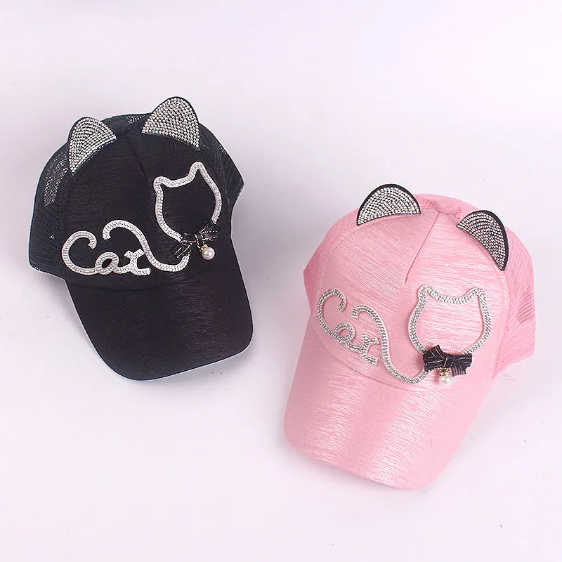 Summer Kids Baseball Cap Cat Ears Baby Hat Girls Snapback Breathable Mesh Hip Hop for 3-8 Years Old