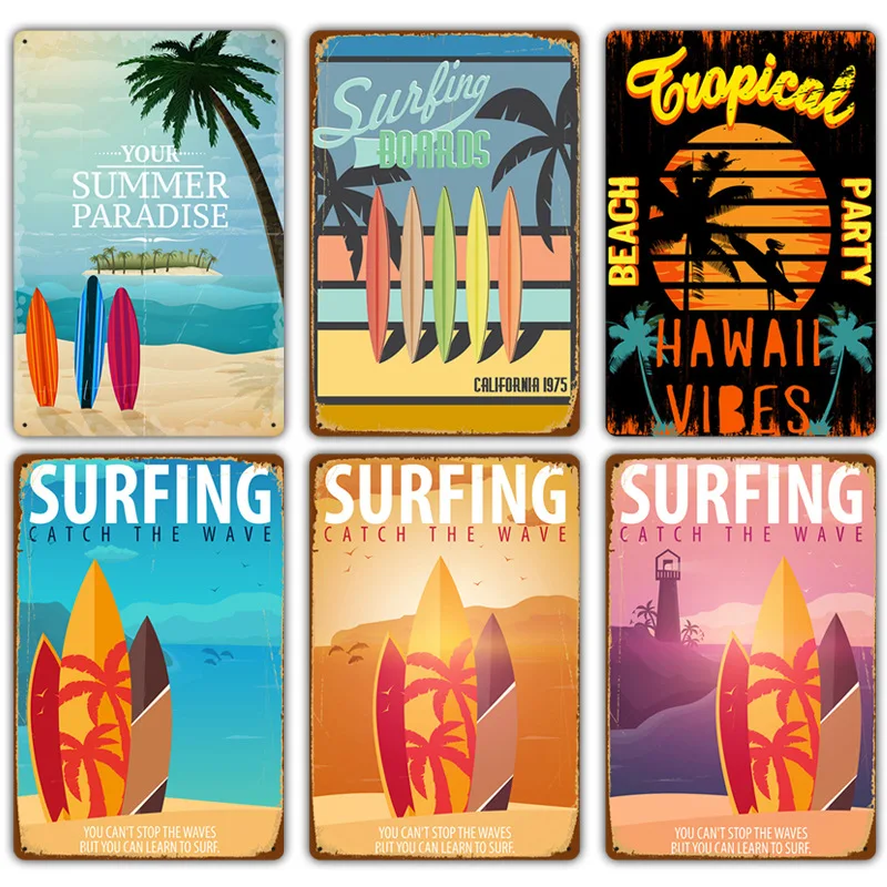 

Vintage Poster Summer Surfing Seaside Resort Retro Decor Tinplate 20x30cm Wall Decorative