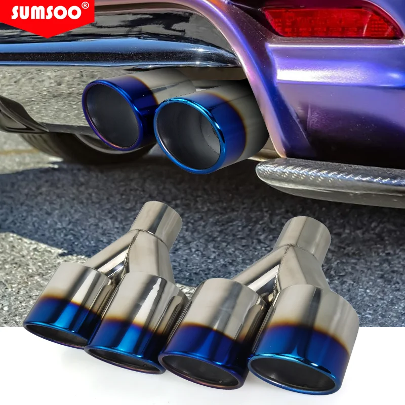 Genuine sumsoo double exhaust tip burnt blue stainless steel straight edge polished silver welding muffler tail pipe