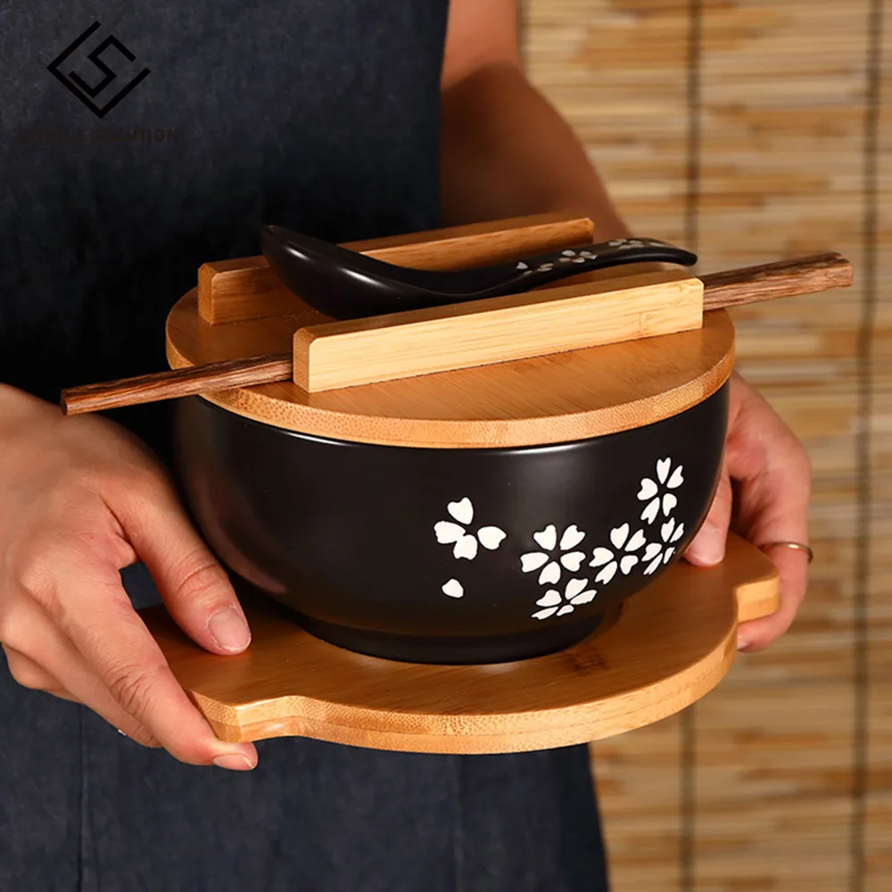 Japanese Style Rice Noodle Bowl with Lid Spoon and Chopstick Kitchen Tableware Ceramic Salad Soup Bowl Food Container Dinnerwaps