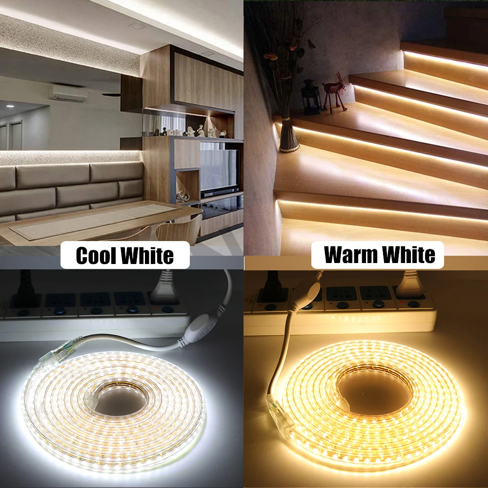 LEDストリップライト,調光可能,220ダイオード,白,赤,緑,120 V AC,防水,家庭用装飾用リボンライト,2835ダイオード/m