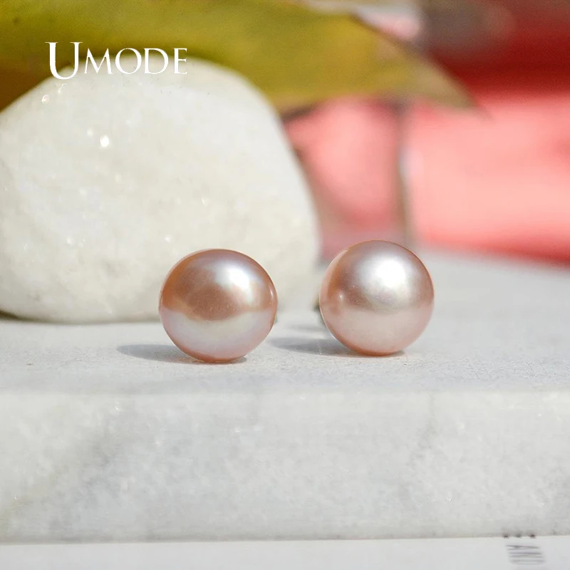 UMODE New 925 Sterling Silver Near Round Natural Pearl Stud Earrings for Women White Orange Purple Pearls  Jewelry Gifts UAE0003