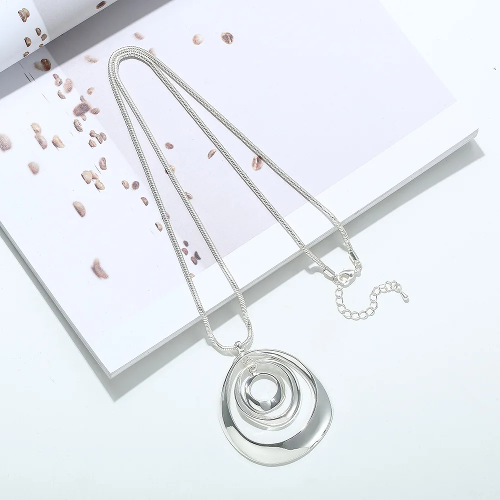 Chunky Big Jewelry for Women Long Chains Necklace Suspension Silver Color Hollow Circles Pendant Chokers Trendy Accessories
