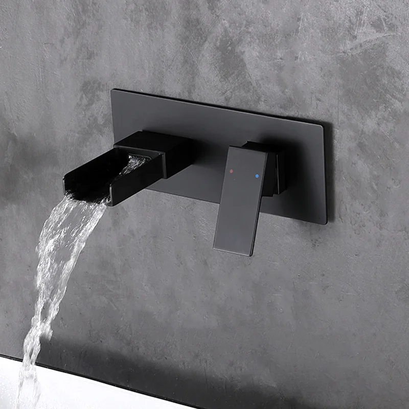 Newest Black Waterfall Wall Mounted Bathroom sink faucet 1 Handle Cold hot water Basin mixer Tap Cold hot water Square faucet